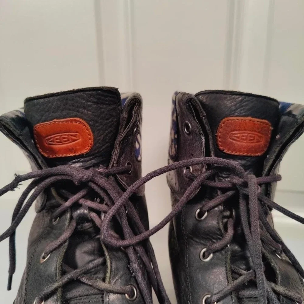 Keen Walking Boots Black Leather Aztec Cuff Southwestern Boho Womens 9.5 Outdoor